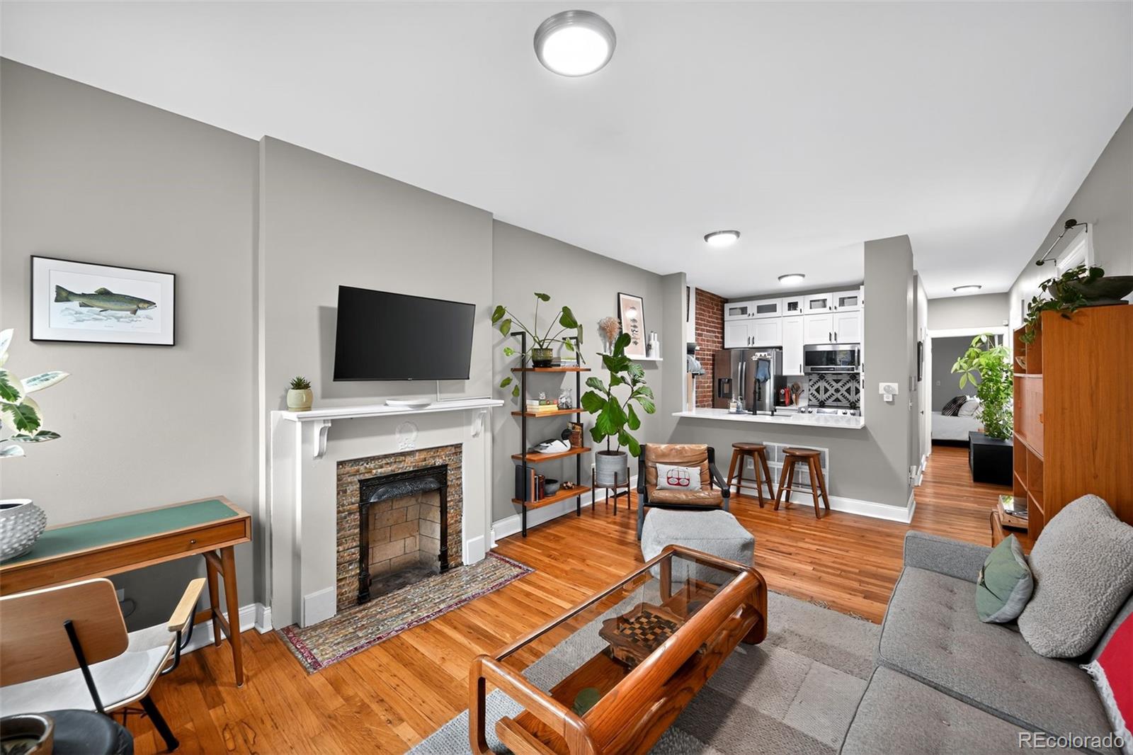 726 Fox Street Denver, CO 80204 - Photo 5 of 33 a living room with furniture a flat screen tv and a fireplace