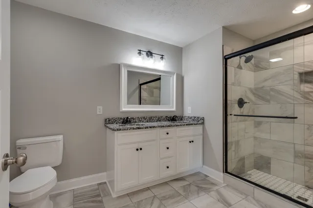 a bathroom with a granite countertop sink a mirror and a toilet
