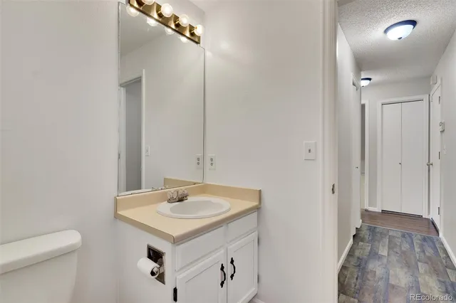 a bathroom with a sink vanity and a toilet