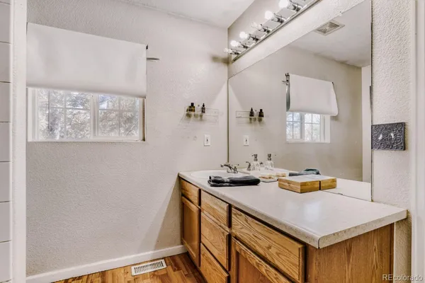 a bathroom with a sink a mirror and a shower