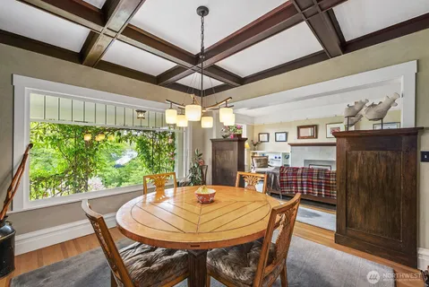 a view of a dining room with furniture