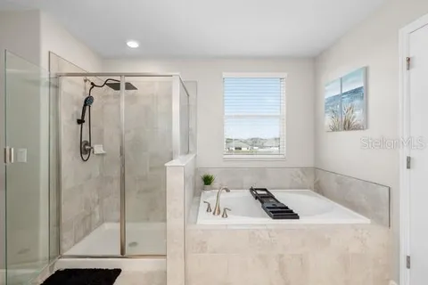 a bathroom with a bathtub and a shower
