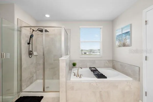a bathroom with a bathtub and a shower