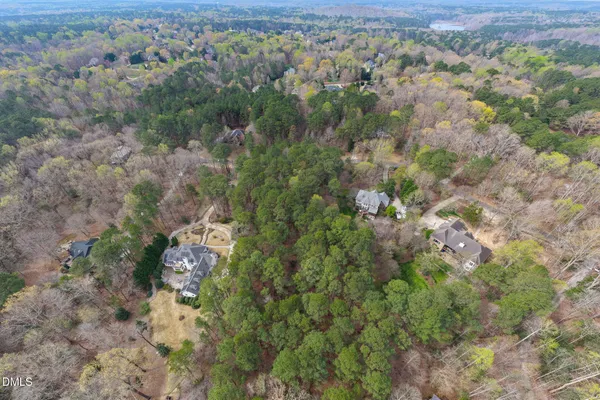 an aerial view of a residential houses with outdoor space and trees
