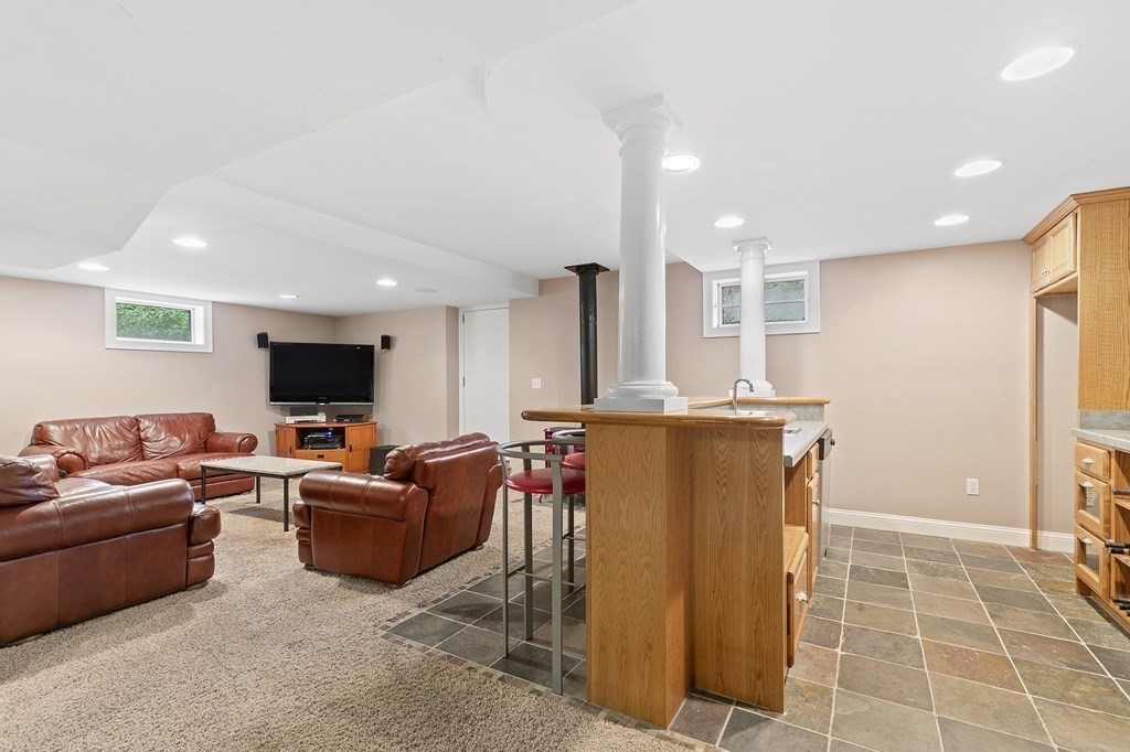 59 Crestview Road Milton, MA 02186 - Photo 23 of 32 a living room with furniture a flat screen tv and kitchen view