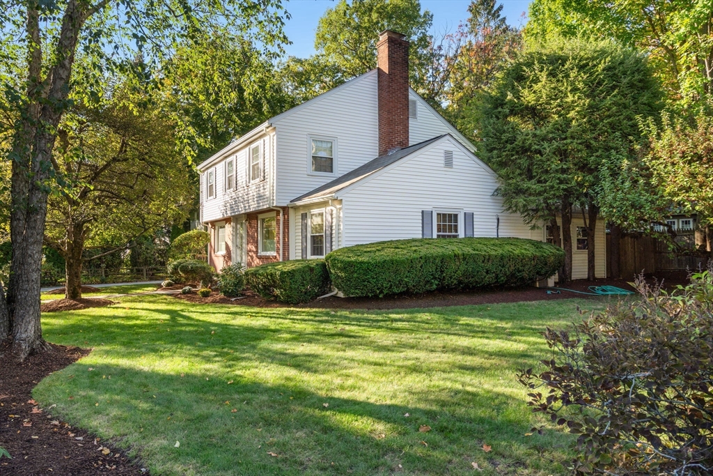 a view of a house with a big yard and potted plants and large trees