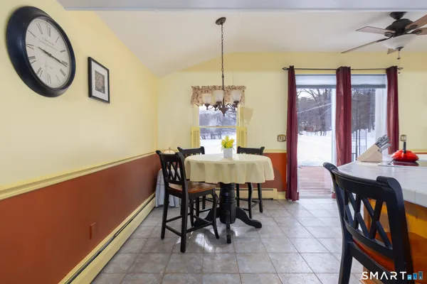 a view of a dining room with furniture and window