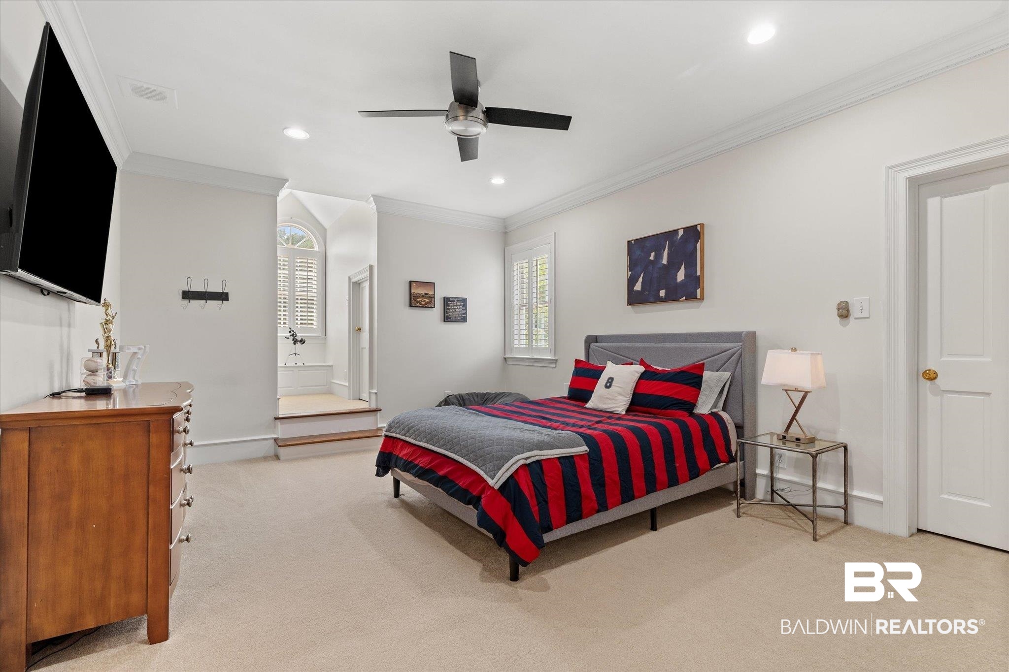 8561 Dawes Lake Road Mobile, AL 36619 - Photo 27 of 63 Bedroom featuring light colored carpet, crown molding, recessed lighting, ensuite bath, and a ceiling fan