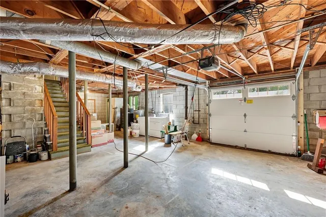 a view of a room with wooden racks
