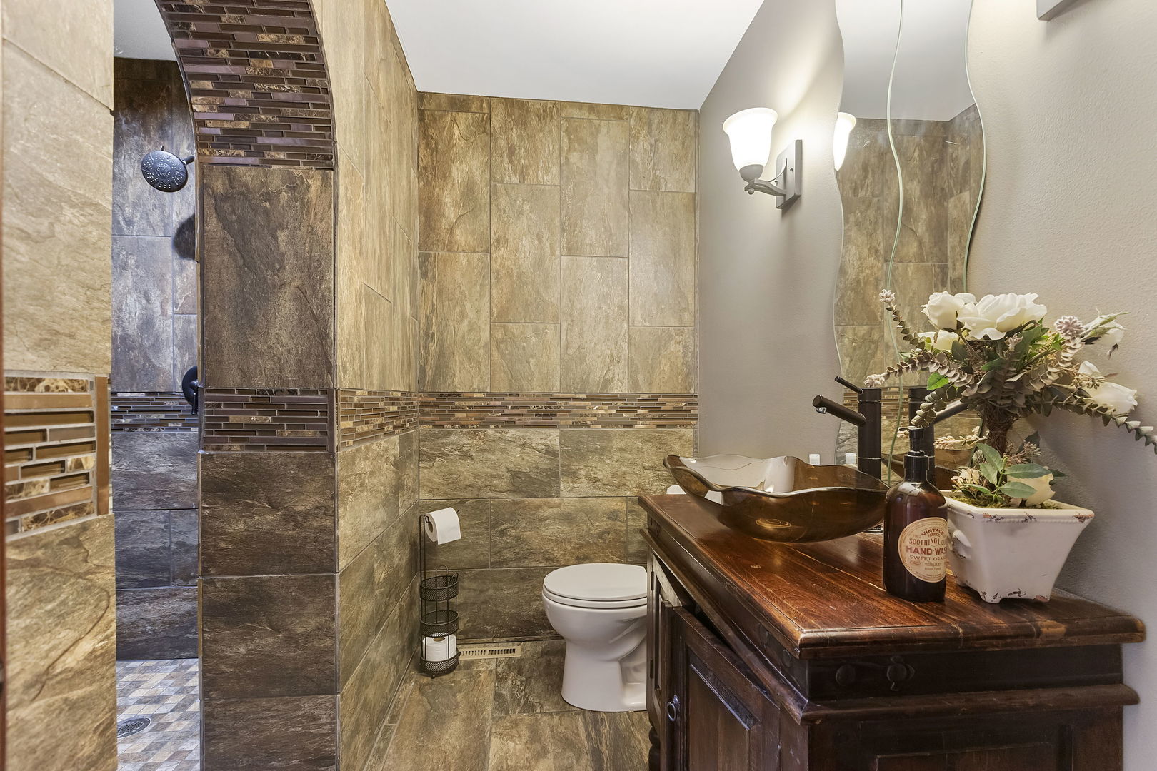 5N259 Wilton Croft Road St. Charles, IL 60175 - Photo 29 of 48 a bathroom with a granite countertop sink a toilet and a mirror