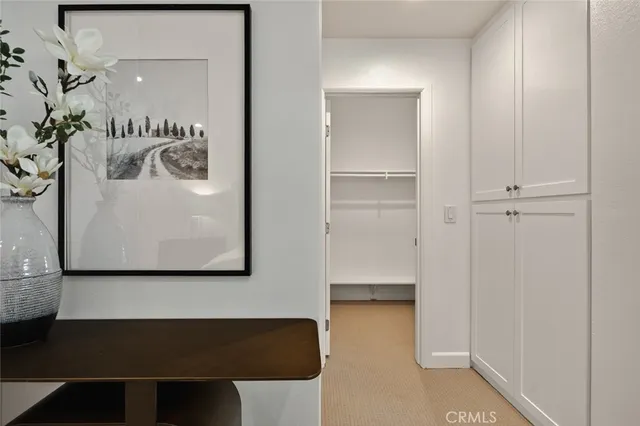a view of a hallway with a cabinet