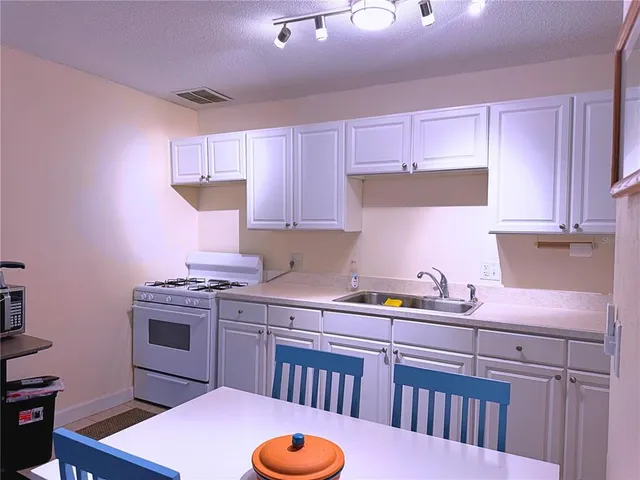 a kitchen with a sink a stove and cabinets