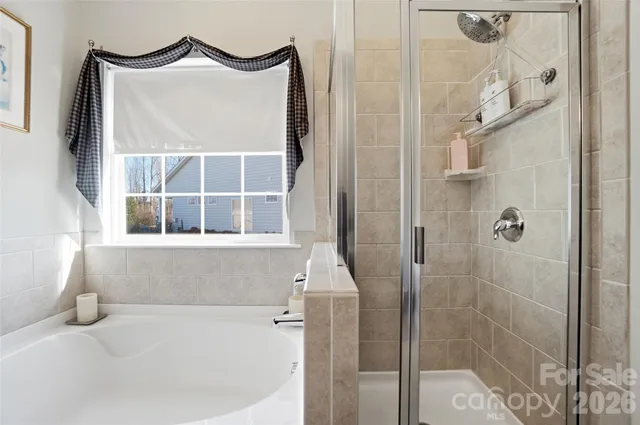a bathroom with a shower and a tub