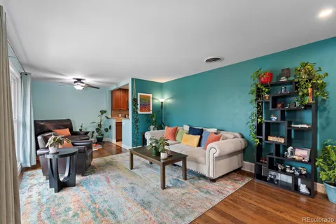 a living room with furniture a rug and a potted plant