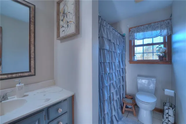 a bathroom with a toilet a sink and large mirror