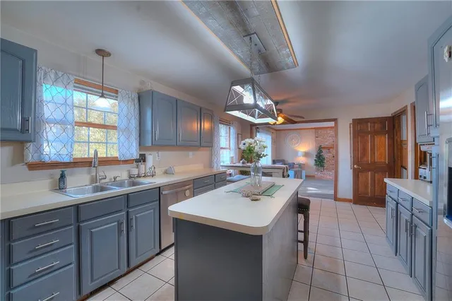 a kitchen with a sink a counter space appliances and cabinets