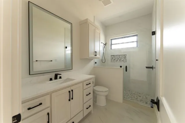 a bathroom with a double vanity sink mirror and toilet