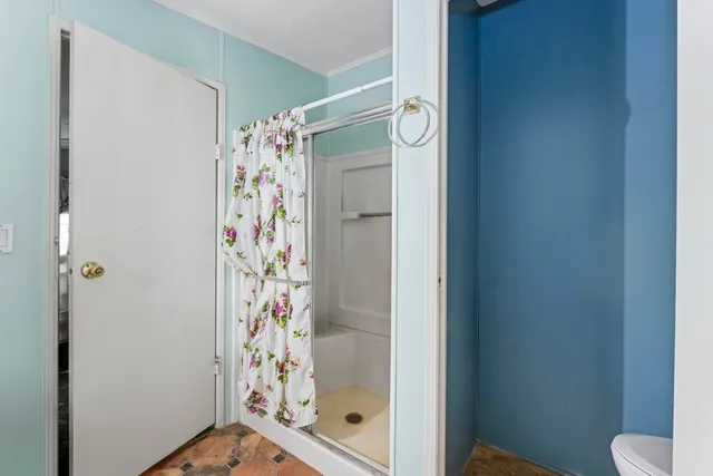 a bathroom with a shower and a toilet