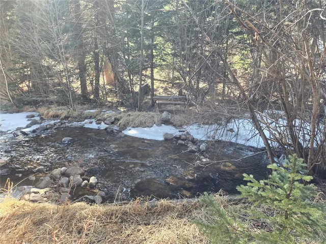 a view of a yard with large trees