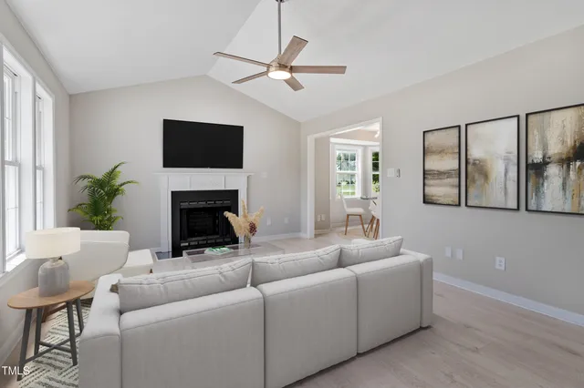 a living room with furniture and a fireplace