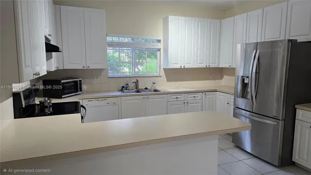 a kitchen with a refrigerator and a sink