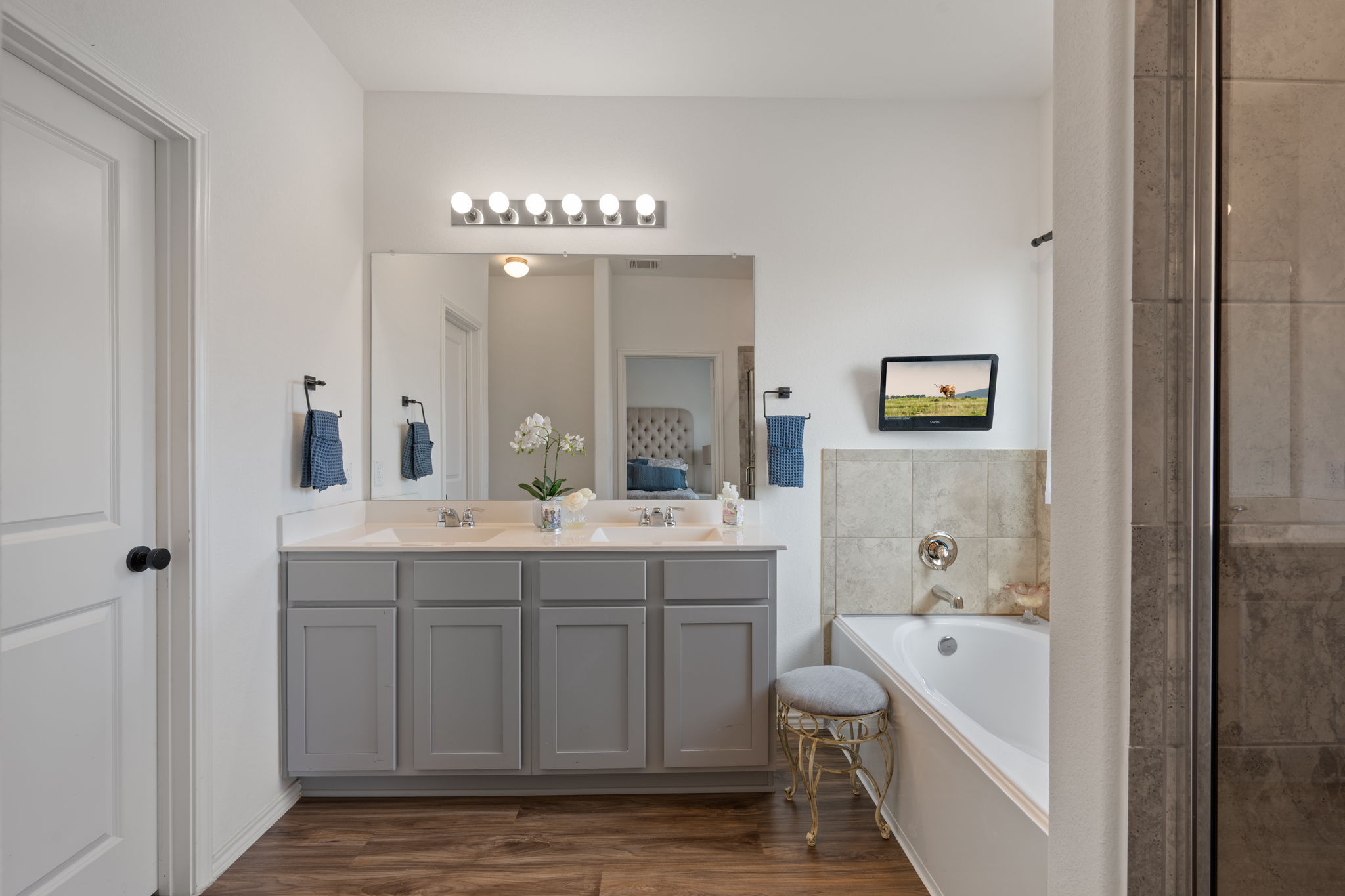 705 Mallow Road Leander, TX 78641 - Photo 14 of 29 a spacious bathroom with a granite countertop sink a toilet mirror and bathtub