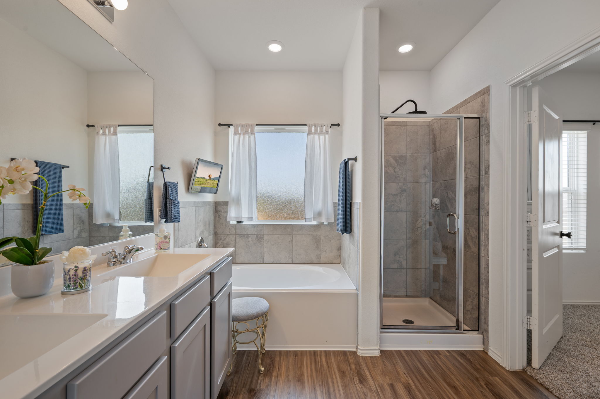 705 Mallow Road Leander, TX 78641 - Photo 15 of 29 a bathroom with a sink a toilet a large mirror and shower