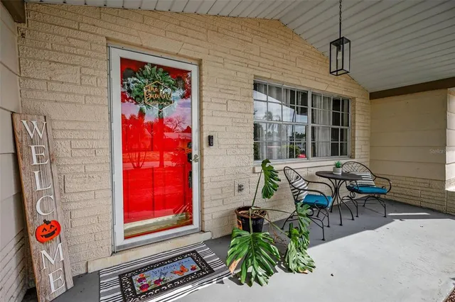 an outdoor view with patio