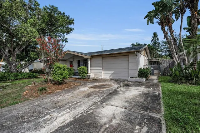 a backyard of a house with plants and trees