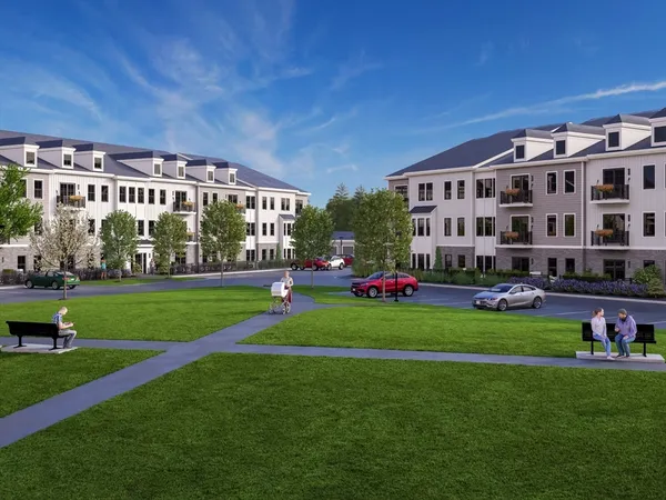 a view of a building with a big yard