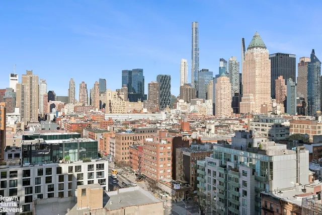 a city view with tall buildings