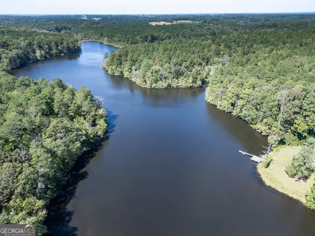 an aerial view of a house with a yard and lake view