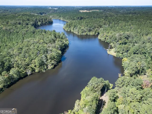 an aerial view of residential houses with outdoor space and trees
