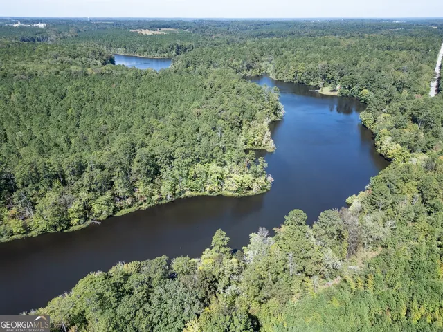 an aerial view of residential house with outdoor space and trees all around