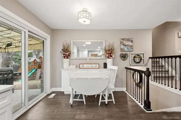 a view of a dining room with furniture