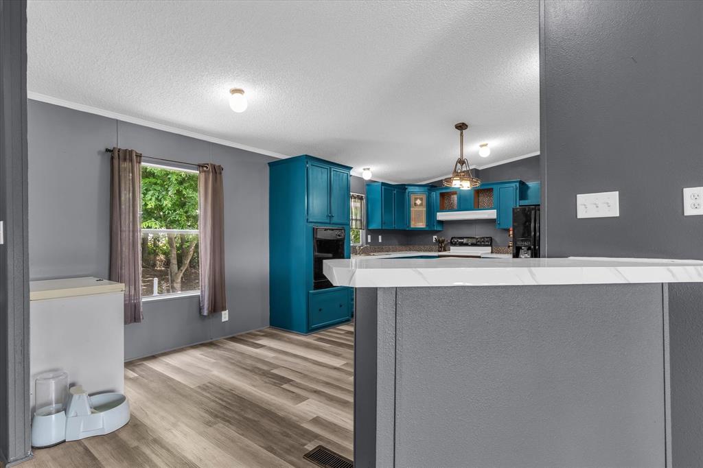 3615 Spring Valley Road Lorena, TX 76655 - Photo 9 of 33 Open-concept kitchen with vibrant blue cabinetry, built-in double ovens, and a ceiling-mounted light fixture