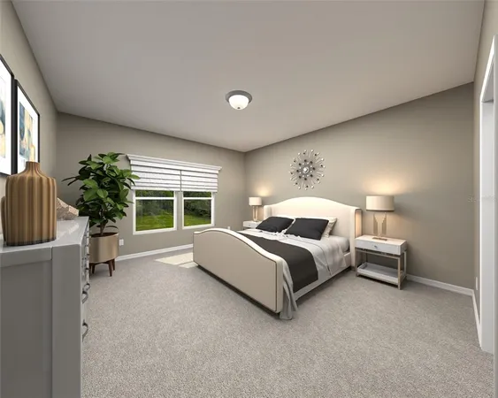 a spacious bedroom with a bed and a potted plant