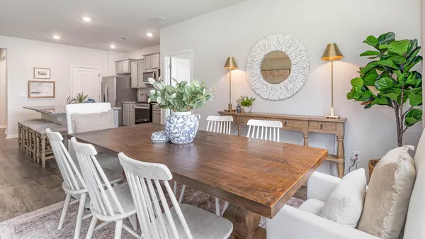 a living room with furniture a potted plant and a wooden floor