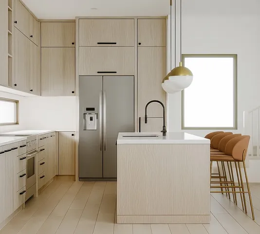 a kitchen with stainless steel appliances a refrigerator sink and white cabinets