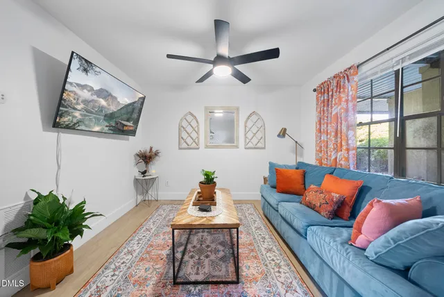 a living room with furniture and a potted plant