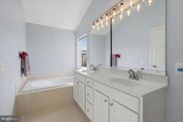 a bathroom with a tub sink and mirror