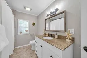 a bathroom with a granite countertop sink a toilet and a mirror