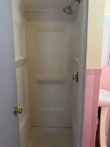 a bathroom with a shower and a mirror
