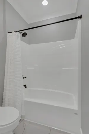 a bathroom with a shower and a toilet