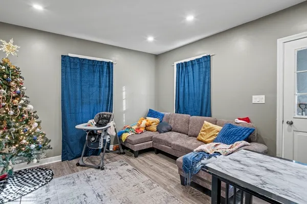 a living room with furniture and a potted plant