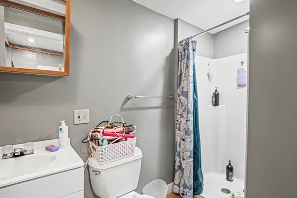 a bathroom with a sink toilet vanity and shower