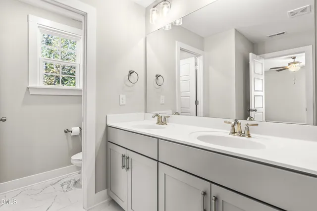 a bathroom with a double vanity sink toilet and a mirror