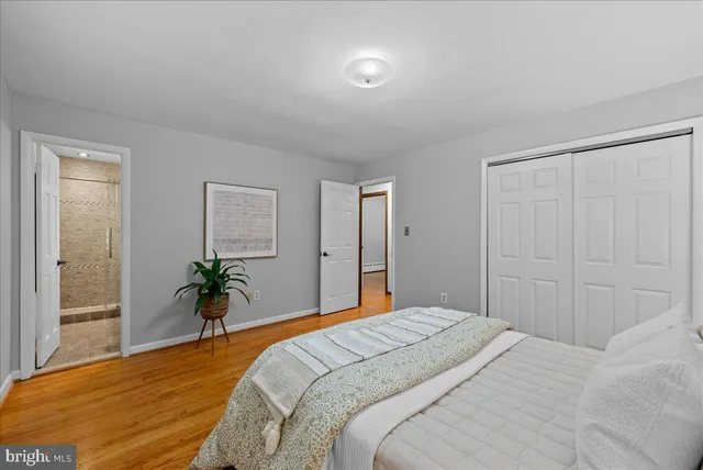 a bedroom with a large bed and a potted plant