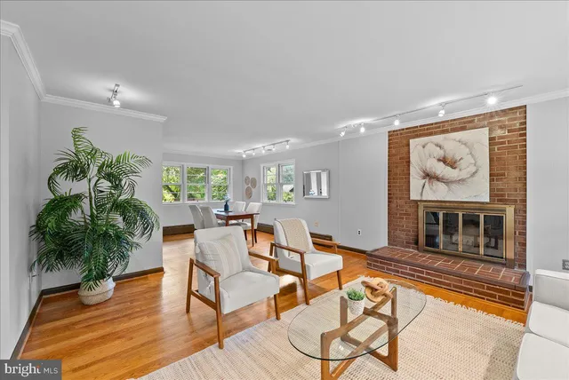 a living room with fireplace furniture and a potted plant