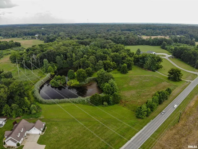 an aerial view of residential houses with outdoor space and trees